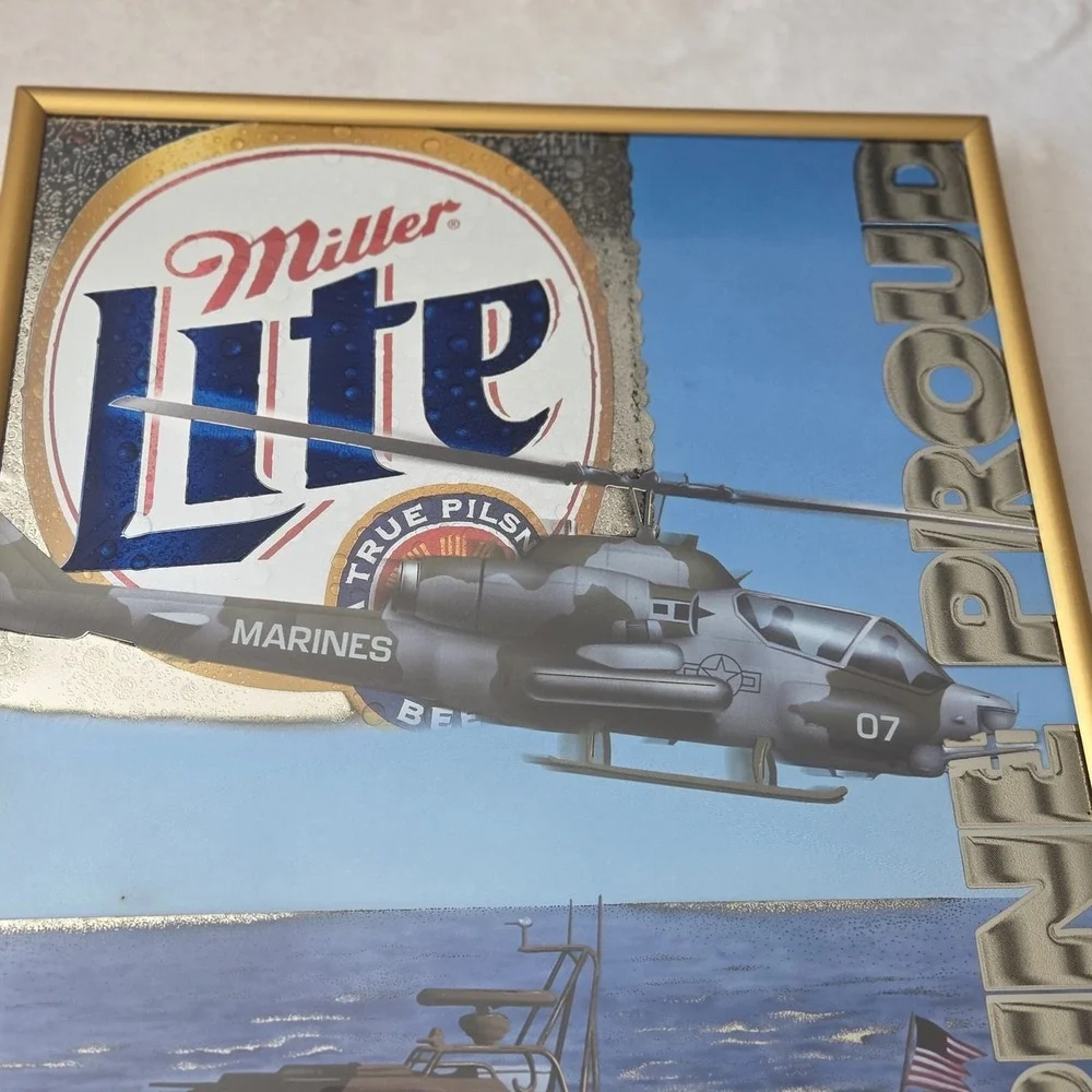 Vintage Miller Lite Marine‎ Proud Military Beer Sign Mirror Pub Man Cave RARE